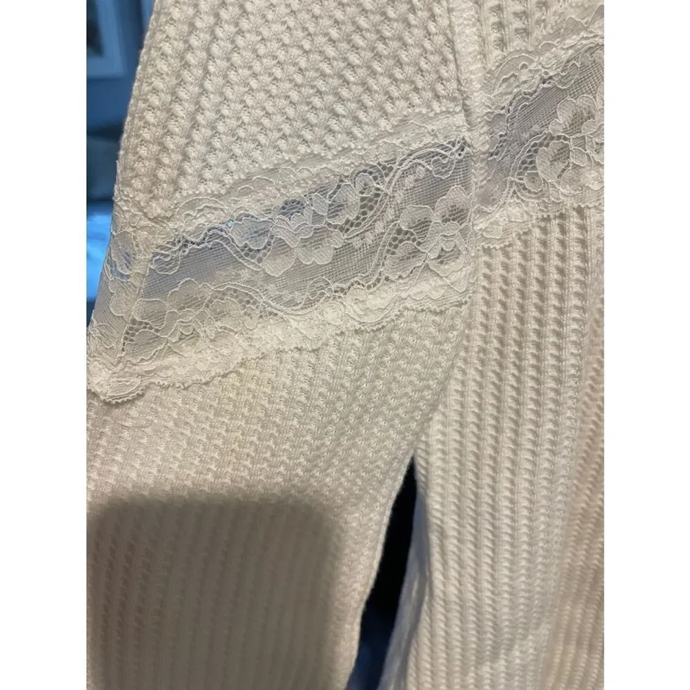 Free People White Lace-Trim Waffle Knit Button Cardigan